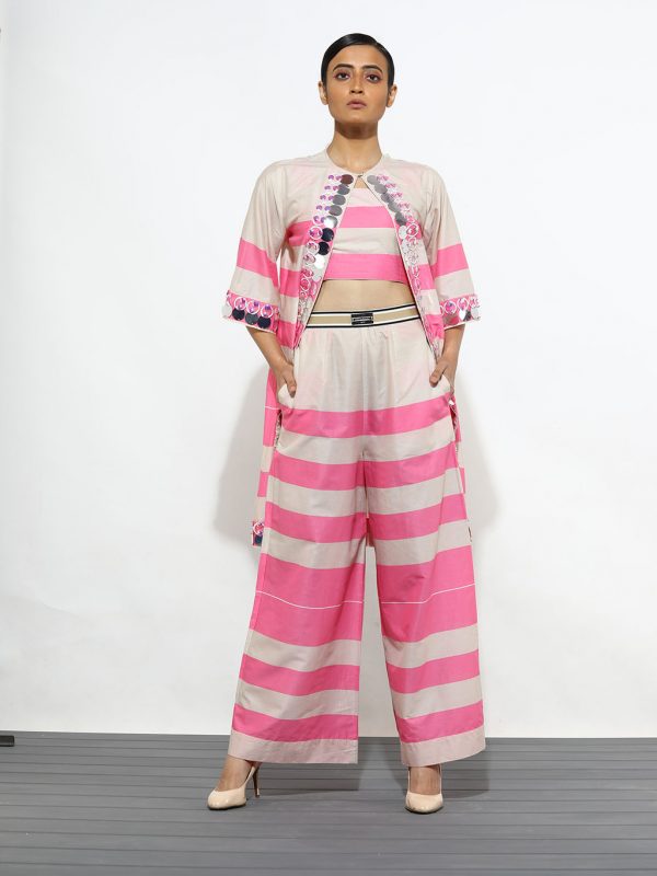 SPOT HOT PINK AND BEIGE STRIPED PALAZZO SET