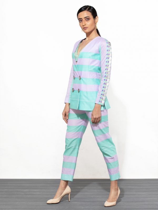 SPOT AQUAMARINE AND LILAC DOUBLE BREASTED PANT SUIT