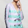 SPOT AQUAMARINE AND LILAC DOUBLE BREASTED PANT SUIT