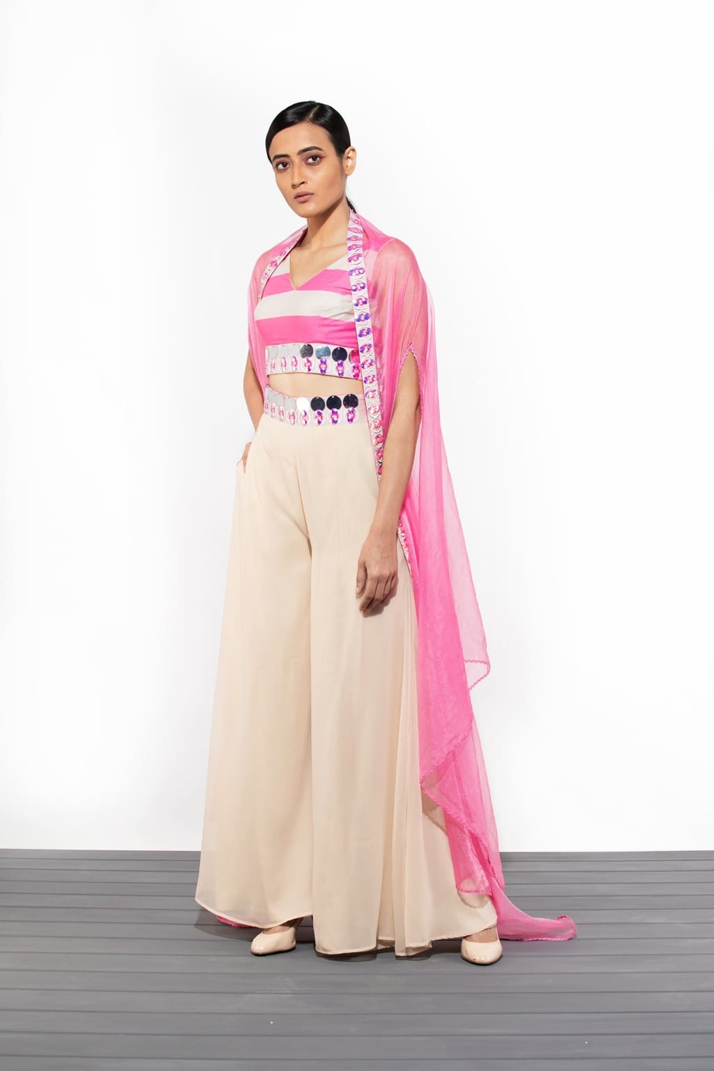 SPOT HOT PINK AND BEIGE STRIPED SHARARA SET WITH CAPE