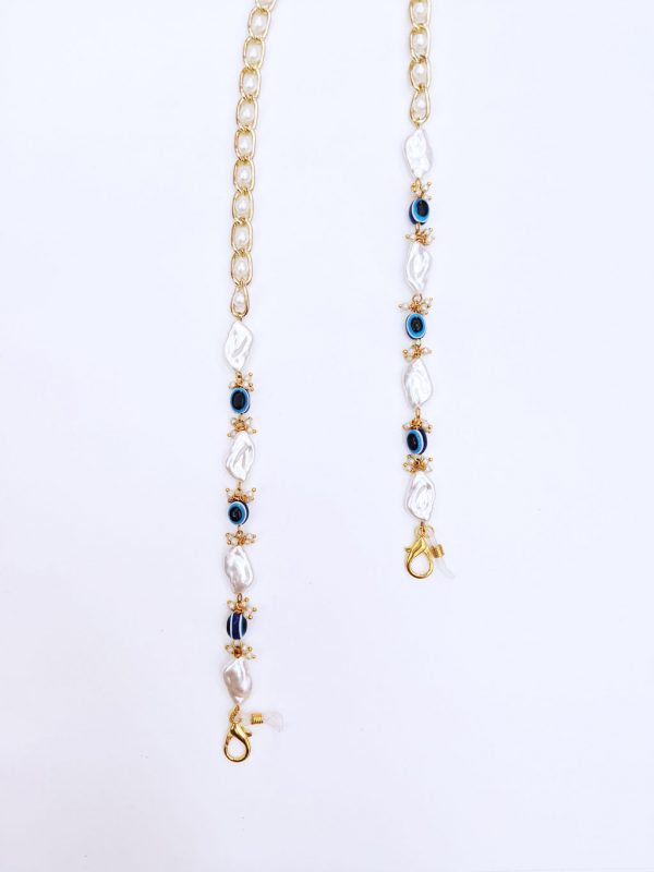 Handcrafted Pearl Mask Chain with Mother-of-Pearl and Evil Eye accents for Face Masks