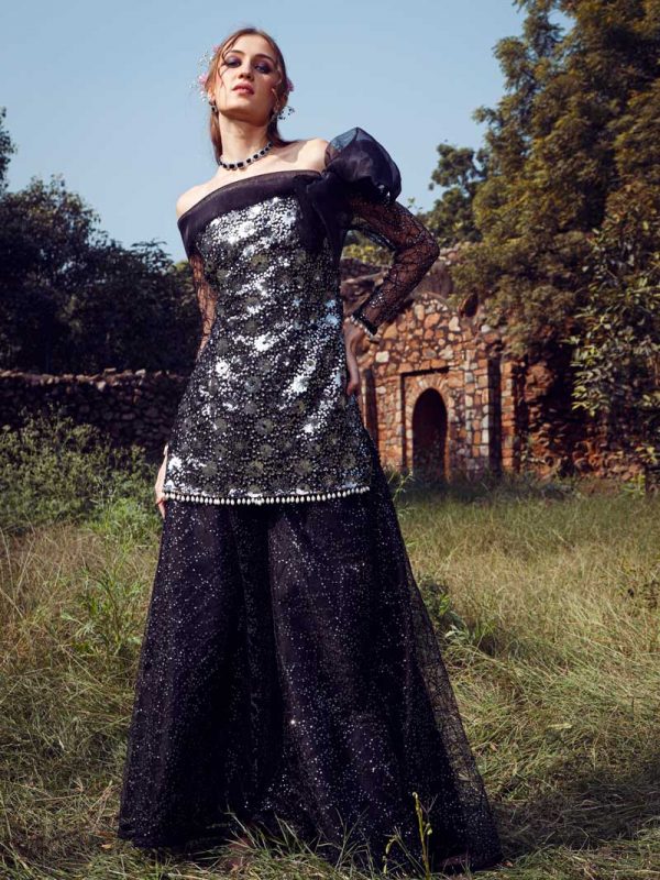HandCrafted all over Sequin Off-shoulder Sharara with Organza tie-up bow