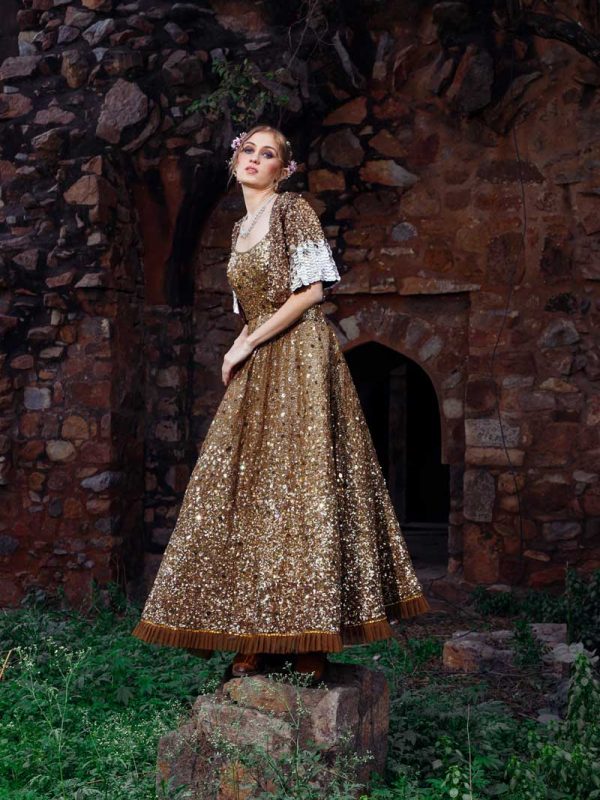 HandCrafted all over Sequin ombre Anarkali with Striped sequin Dupatta