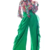 Meow printed Shirt with tie-up bow teamed with green Ruffle pants
