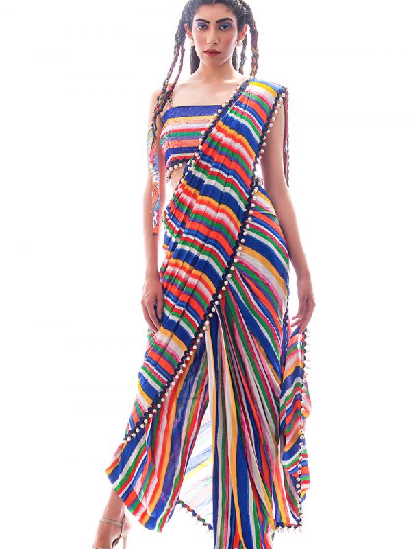 Meow Multi Colored Pre-Stitched Pant Saree