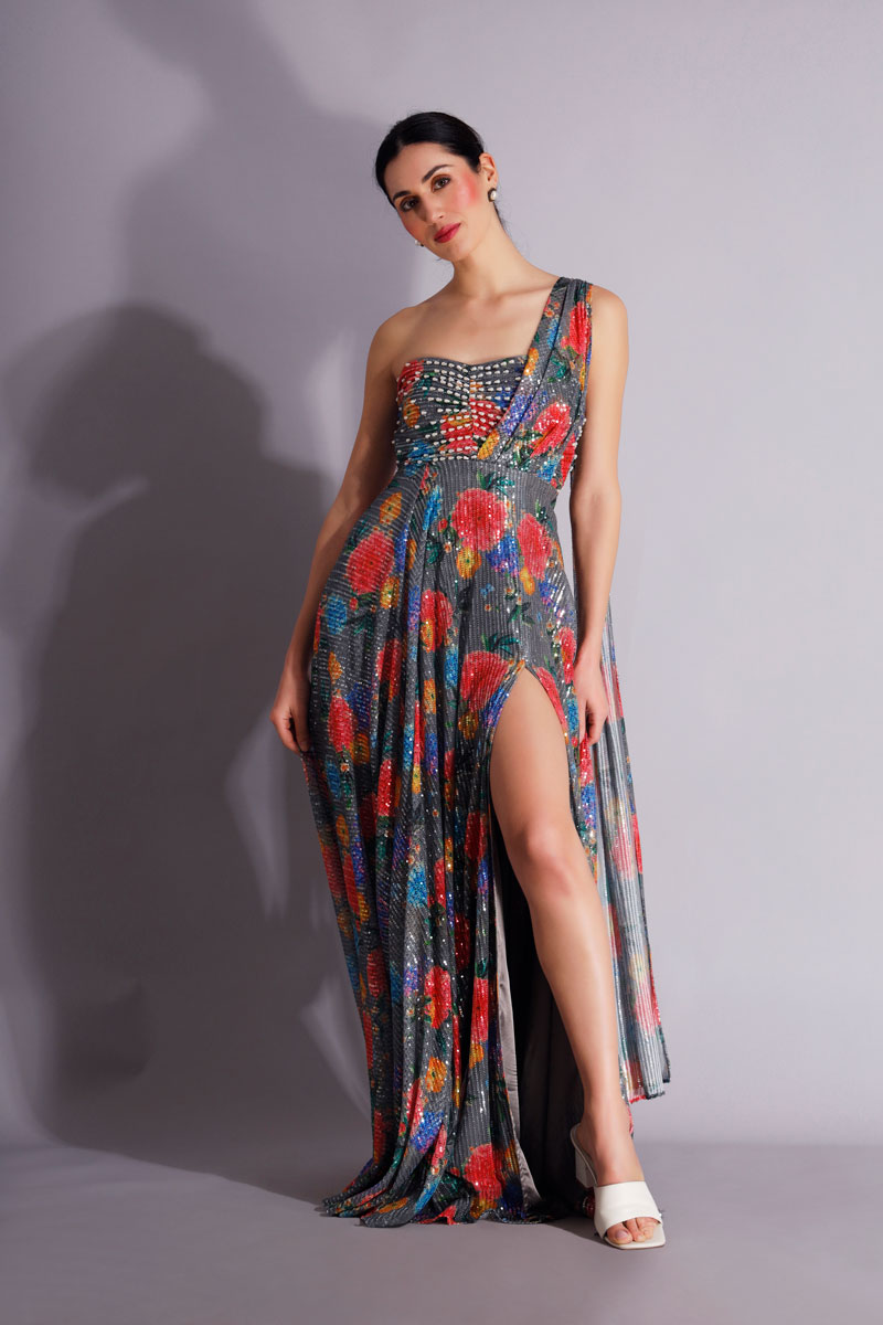 Floral Sequin One-shoulder gown
